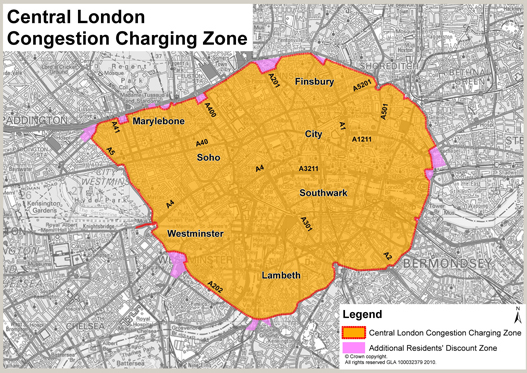 A behajtási díj köteles zóna térképe Londonban